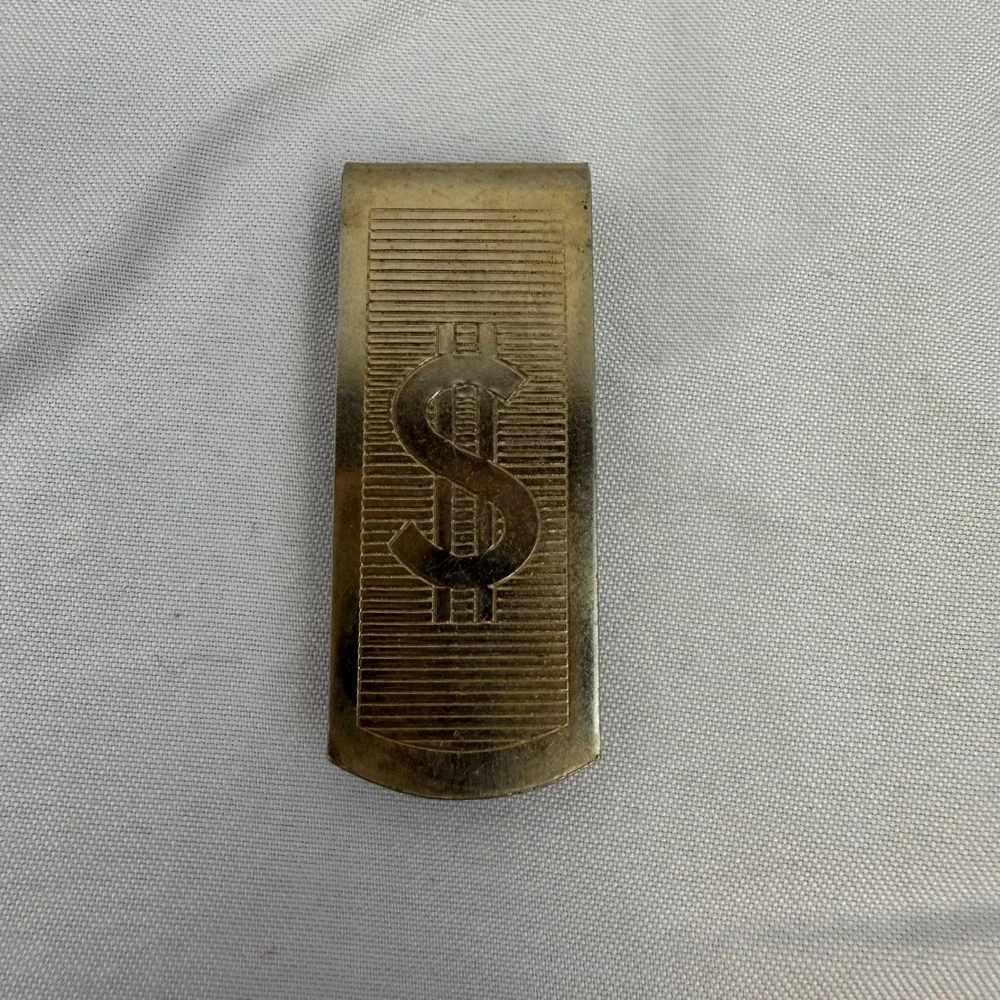 Vintage Gold Tone Dollar Sign Money Clip Ribbed Textured‎ Men's Accessory